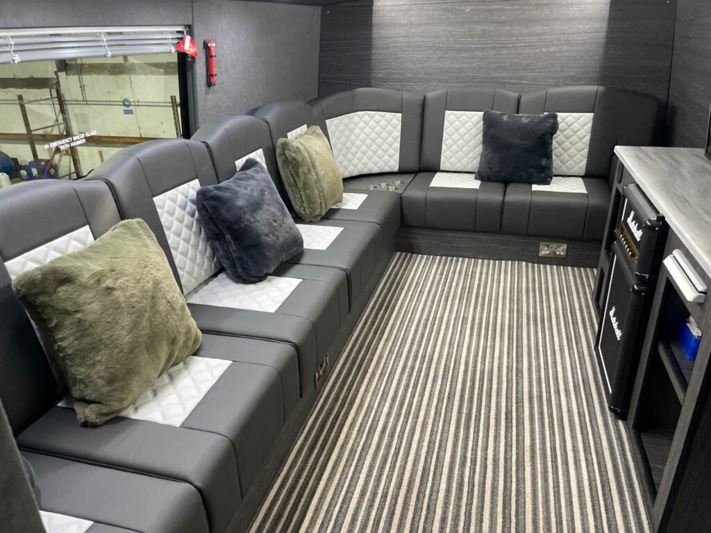 Seating area in our band tour buses